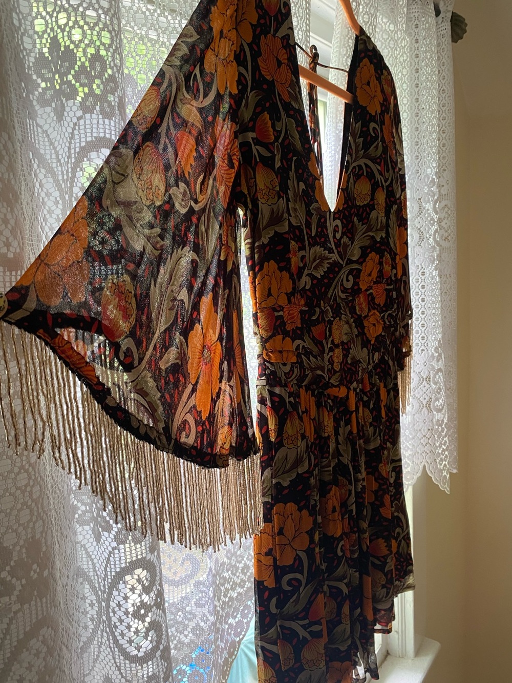 Anthro Verb Boho Floral Fringe Sleeve Mini Dress - Orange & Black